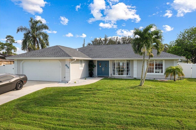 ranch-style home with a front yard and a garage