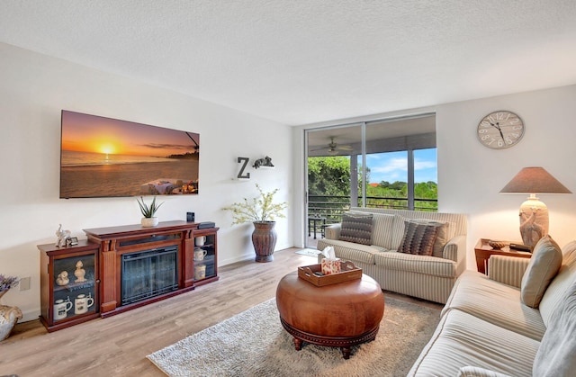 living room with a textured ceiling and light wood-type flooring