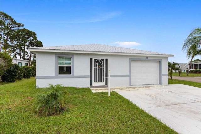 ranch-style house with a garage and a front lawn