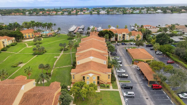 aerial view featuring a water view