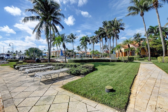 view of property's community with a patio area and a yard