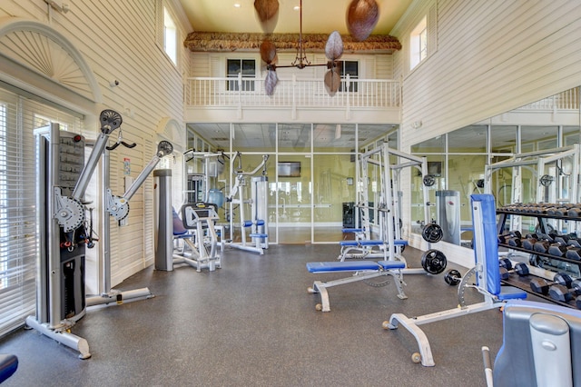 workout area with a healthy amount of sunlight and a high ceiling