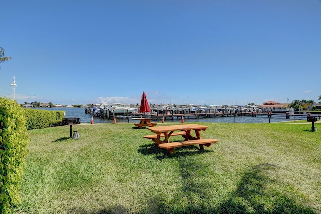 view of home's community featuring a water view and a yard