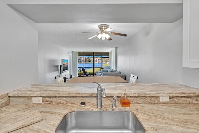 kitchen with light stone countertops, ceiling fan, a textured ceiling, and sink