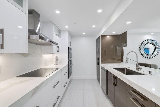 kitchen featuring appliances with stainless steel finishes, a sink, wall chimney exhaust hood, and modern cabinets