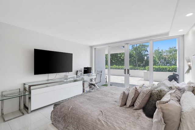 bedroom featuring french doors, light tile patterned floors, recessed lighting, expansive windows, and access to outside