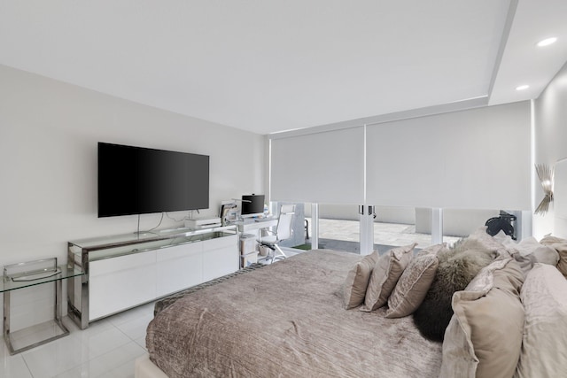 bedroom featuring recessed lighting, french doors, and light tile patterned floors