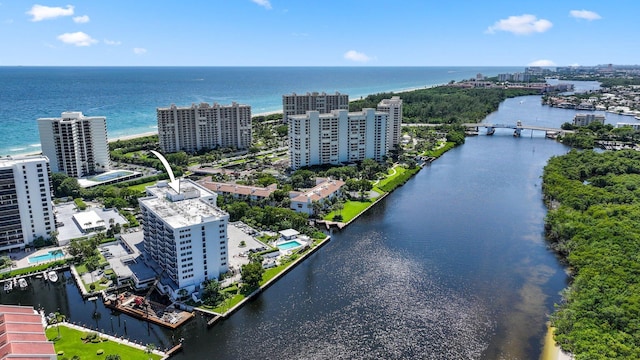 aerial view with a water view and a city view