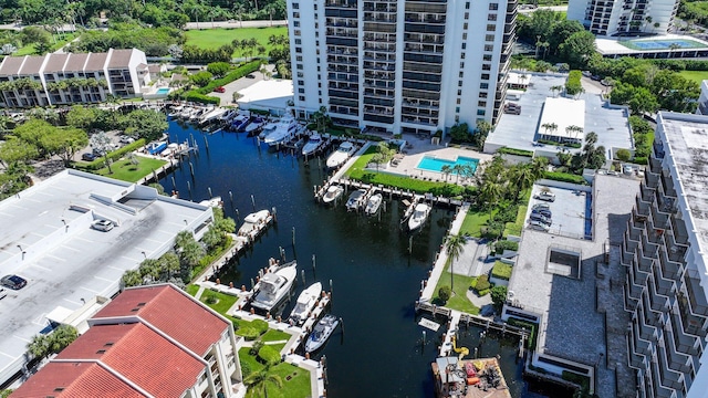 aerial view featuring a water view