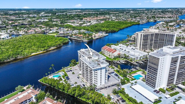 bird's eye view with a water view