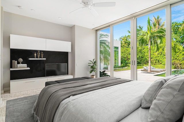 bedroom featuring access to exterior, carpet flooring, and ceiling fan