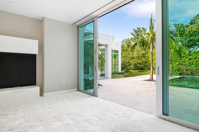 doorway to outside featuring carpet flooring