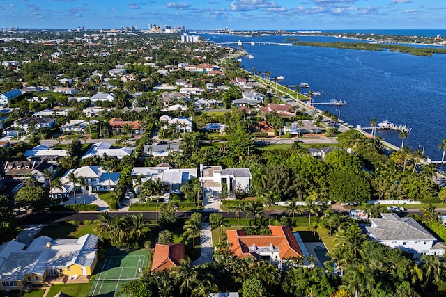 drone / aerial view with a water view