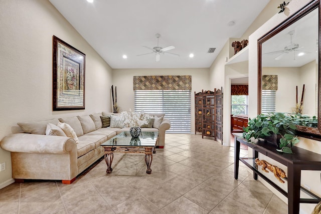 8503 Logia Cir, Boynton Beach, FL 33472 - living room with light tile patterned floors, a ceiling fan, visible vents, baseboards, and recessed lighting