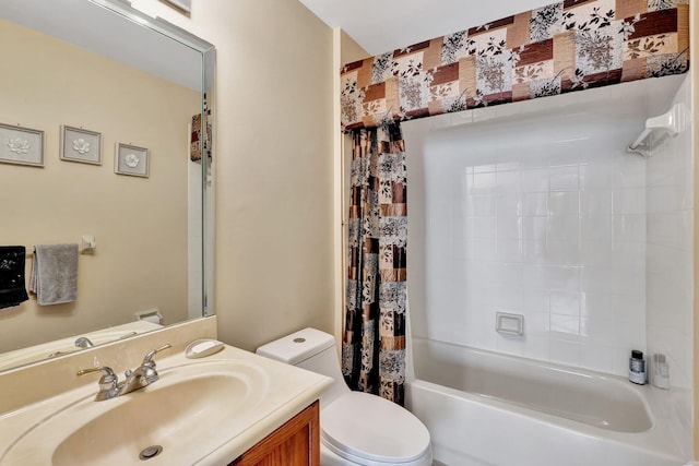 full bathroom with toilet, shower / bathtub combination with curtain, and vanity