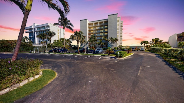 view of outdoor building at dusk