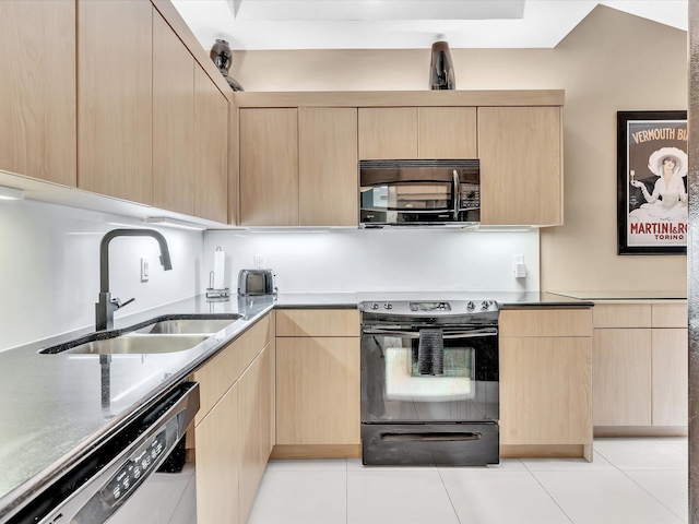 kitchen with light brown cabinets, black appliances, sink, and light tile patterned floors