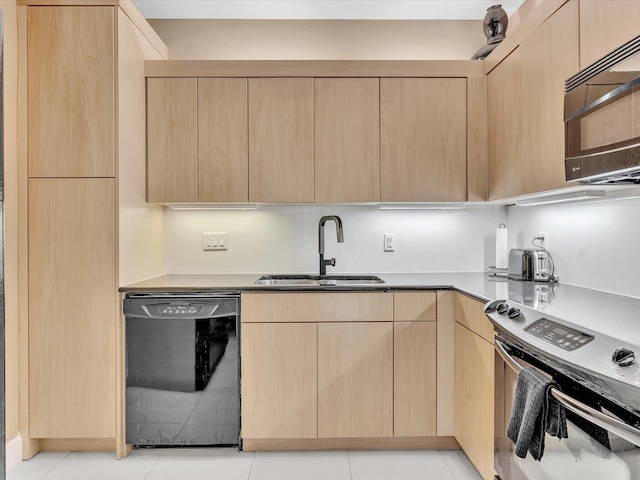 kitchen featuring sink, light brown cabinets, stainless steel appliances, and light tile patterned floors