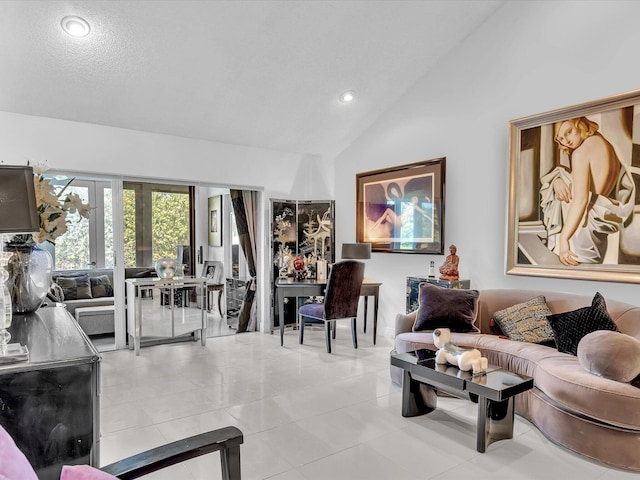 living room with french doors, a textured ceiling, high vaulted ceiling, and light tile patterned floors