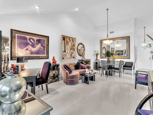 tiled living room featuring lofted ceiling