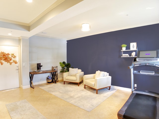 living area with ornamental molding and light tile patterned floors