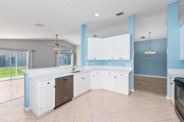 kitchen with black electric range oven, dishwasher, kitchen peninsula, sink, and white cabinetry