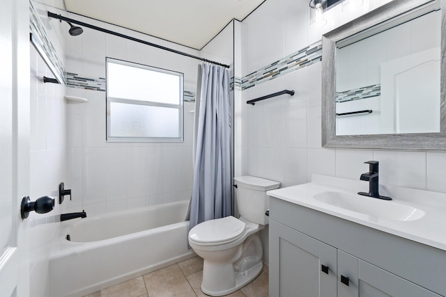 full bathroom featuring decorative backsplash, tile walls, toilet, shower / bath combo, and vanity