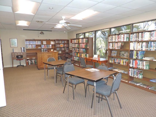 carpeted office space featuring a drop ceiling and ceiling fan