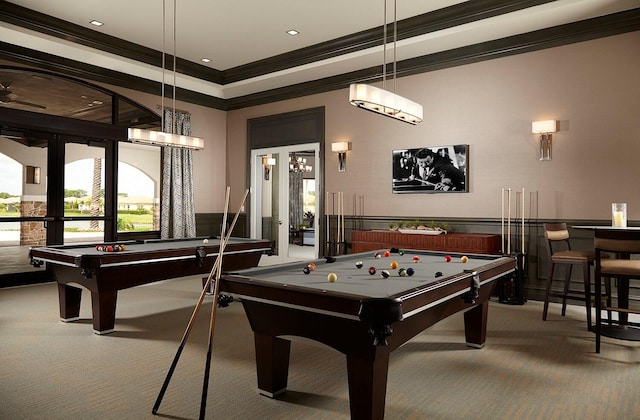 rec room with ornamental molding, billiards, french doors, and carpet flooring