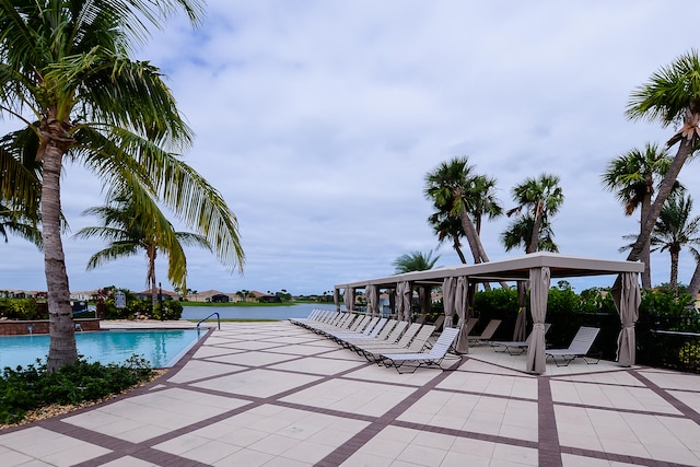 view of pool featuring a patio area and a water view