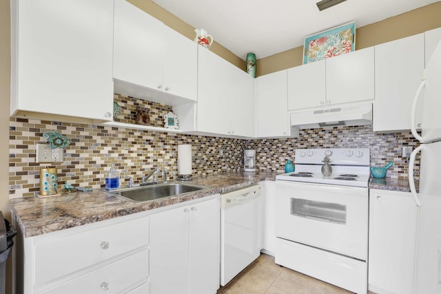 kitchen featuring white cabinetry, sink, tasteful backsplash, white appliances, and light tile patterned flooring