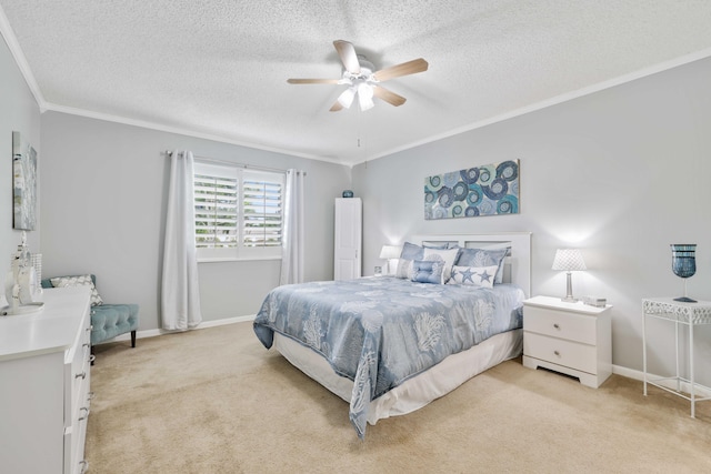 bedroom featuring ceiling fan, light colored carpet, ornamental molding, and a textured ceiling