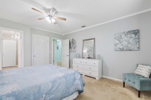 carpeted bedroom featuring ceiling fan with notable chandelier, crown molding, and a textured ceiling