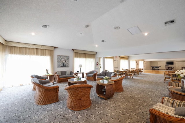 carpeted living room featuring a textured ceiling