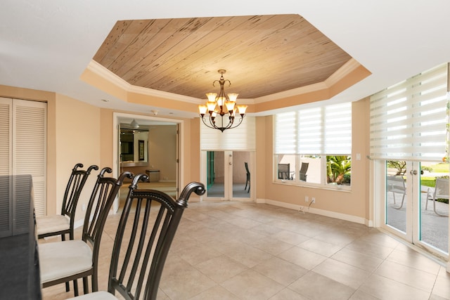 tiled dining area with ornamental molding, a chandelier, a tray ceiling, and wooden ceiling