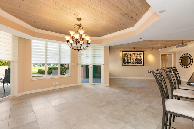 unfurnished dining area with crown molding, track lighting, wood ceiling, and a raised ceiling