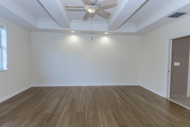 unfurnished room featuring ornamental molding, beamed ceiling, dark hardwood / wood-style floors, and ceiling fan