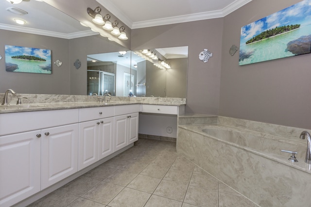 bathroom with ornamental molding, tile patterned flooring, vanity, and plus walk in shower