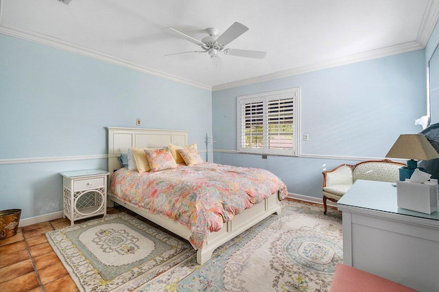 tiled bedroom with ceiling fan and ornamental molding