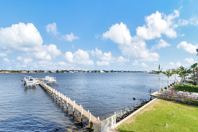 view of water feature with a dock