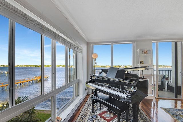 misc room featuring ornamental molding, hardwood / wood-style floors, and a water view