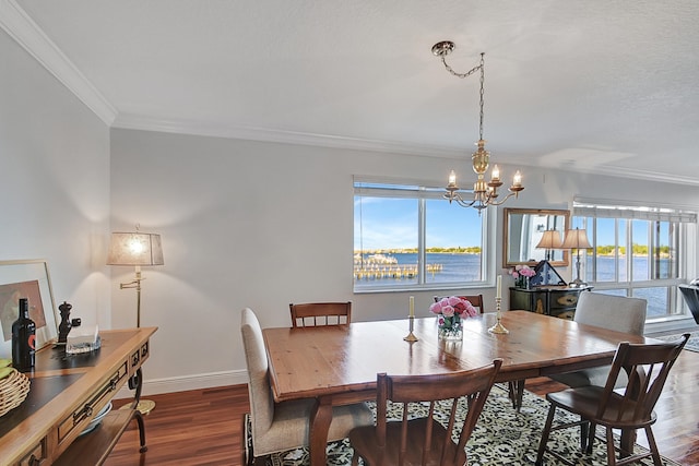 dining area featuring a water view, crown molding, and dark hardwood / wood-style flooring