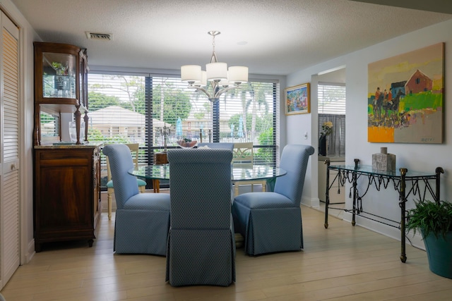 dining space with a healthy amount of sunlight, a textured ceiling, and light wood-type flooring