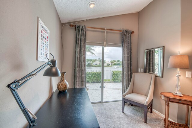 sitting room with a textured ceiling, carpet, and vaulted ceiling