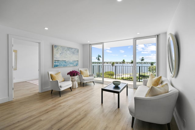 living room with a water view, a wall of windows, and light hardwood / wood-style floors