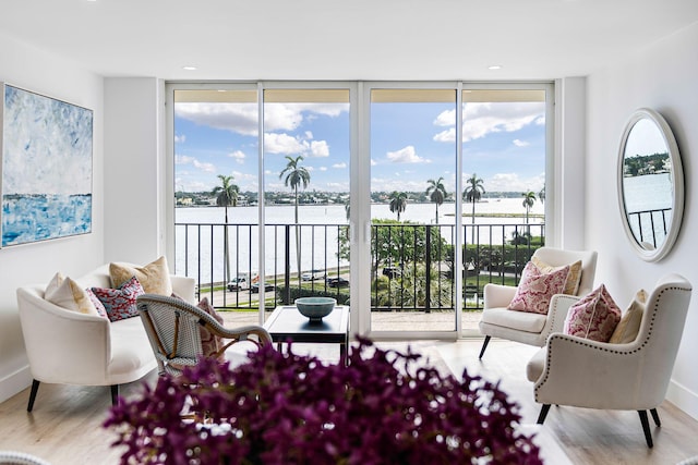 living area featuring a water view, a healthy amount of sunlight, and light hardwood / wood-style floors