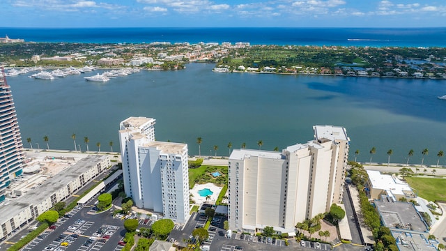 birds eye view of property featuring a water view