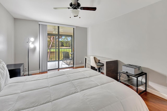 bedroom featuring hardwood / wood-style floors, access to outside, and ceiling fan