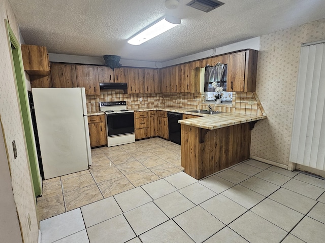 275 SE 16th Ave, Okeechobee, FL 34974 - kitchen with range with electric stovetop, freestanding refrigerator, under cabinet range hood, black dishwasher, and a peninsula