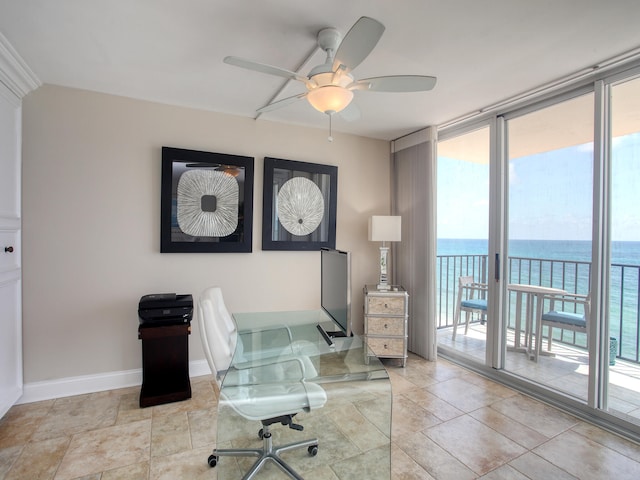 bedroom featuring ceiling fan, access to outside, and multiple windows